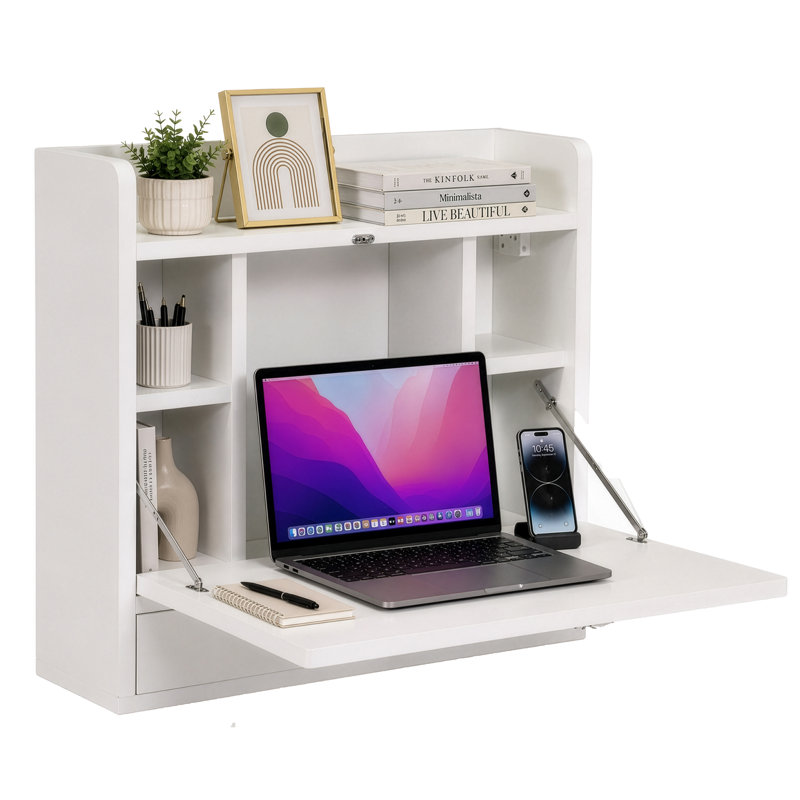 Basicwise Wall Mounted Folding Desk with Storage Shelves - Floating Table with Drawers, Space Saving for Small Spaces, 23.75 x 6.75 x 23 in, White for Home Office, Bedroom, Study, Dorm Room