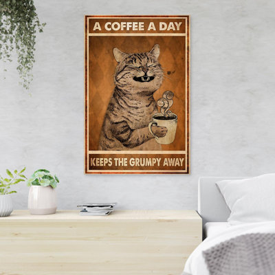 Cat And Cup Of Coffee - A Coffee A Day - 1 Piece Rectangle Graphic Art Print On Wrapped Canvas