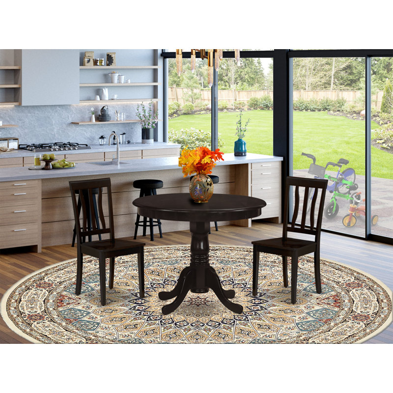 3 Piece Dining Set Contains a Round Kitchen Table with Pedestal and 2 Dining Chairs, Cappuccino, Cappuccino, Cappuccino