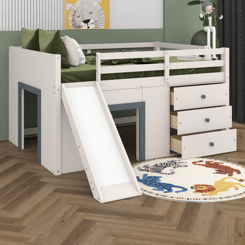 Full Size Low Loft Bed With Slide, Wood Bed Frame With Three Storage Drawers And Two Doors,No Box Spring Needed