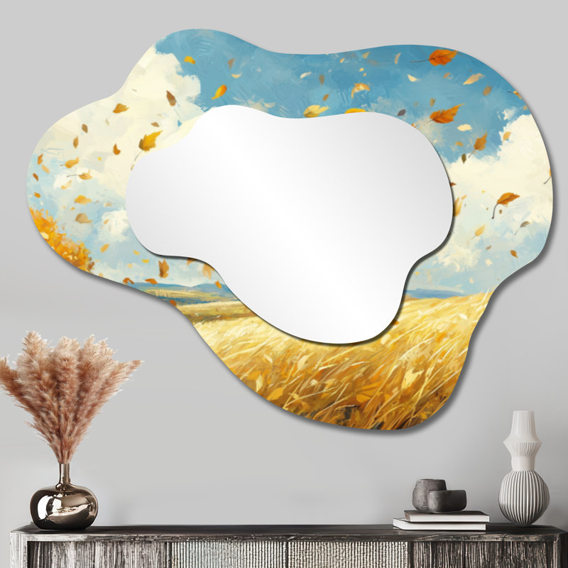 Blue Windy Prairie Leaves - miroir mural asymétrique à feuilles, miroir de coiffeuse traditionnel, imprimé sur métal
