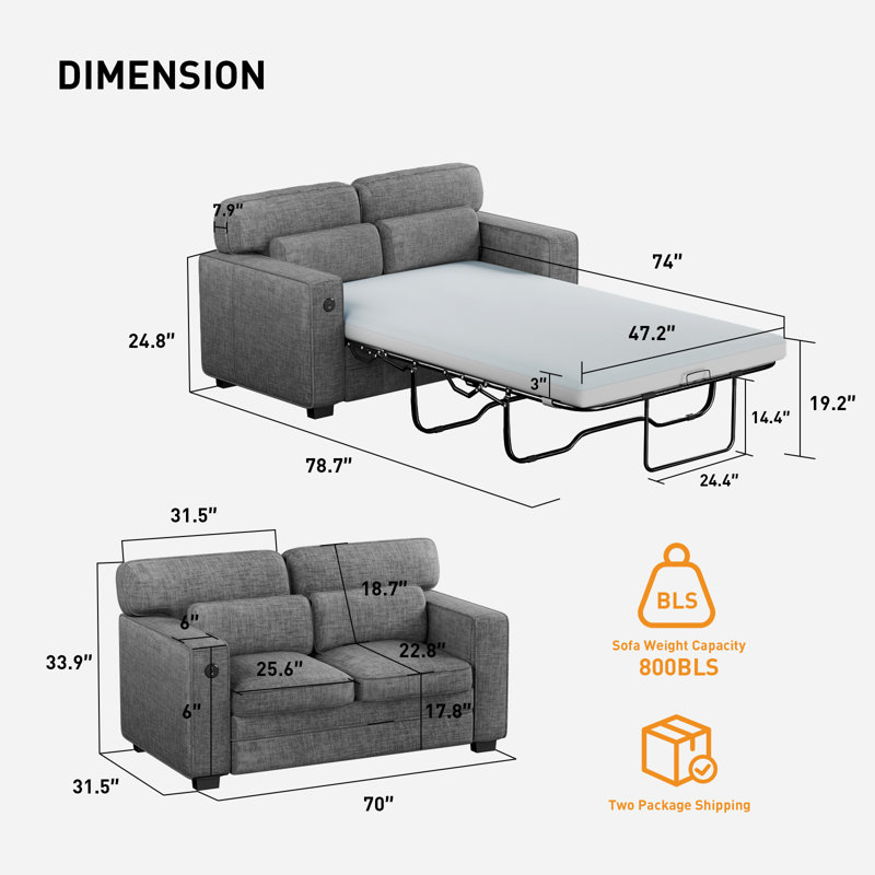 Pull Out Sofa Bed, Sleeper Sofa with 2 USB Charging Ports, Comfortable Loveseat Sleeper with Removable Covers, Gray