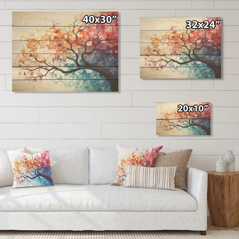 Érable abstraction colorée I - Arbre érable, art sur bois de pin naturel, H 10 po x l 20 po