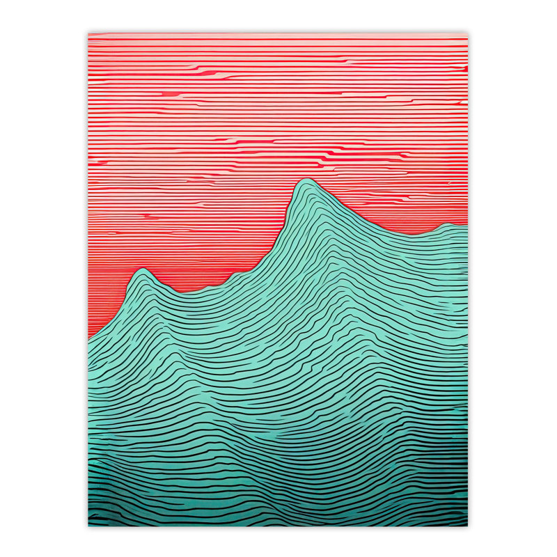 Wall Art Print Linear Waves Abstract Line Drawing Sea Red Painting Poster