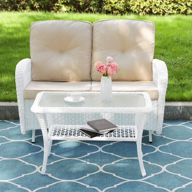  Wicker Patio Coffee Table, 34.48" Rectangle Outdoor Coffee Table With Tempered Glass Top And 2-Tier Storage Shelf, All-Weather Rattan Patio Side Table For Outside Poolside Deck Garden, White