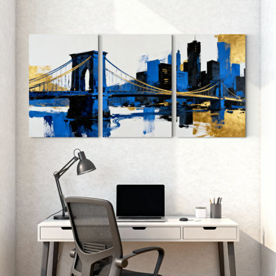 Cités et pays, pont urbain, reflet de l'eau, ensemble de 3 impressions sur toile