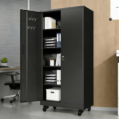Armoire de rangement en métal robuste avec portes et roues, armoire de garage de 71 po de hauteur avec 4 tablettes réglables, armoire à outils verrouillable avec panneau perforé et 8 crochets, armoire de rangement en acier noir pour le garage