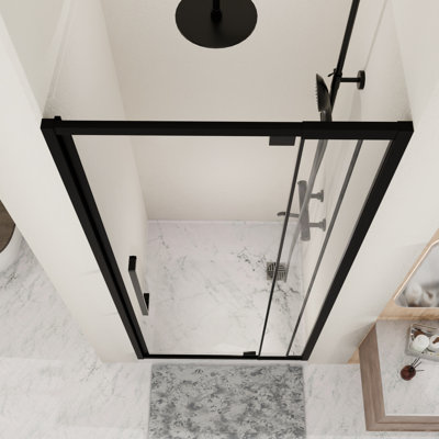 44 - 48 po L x H 72 po, porte de douche en verre à charnière semi-pivotante, 1/4 po, 6 mm, noir mat, réversible et convient aux murs irréguliers