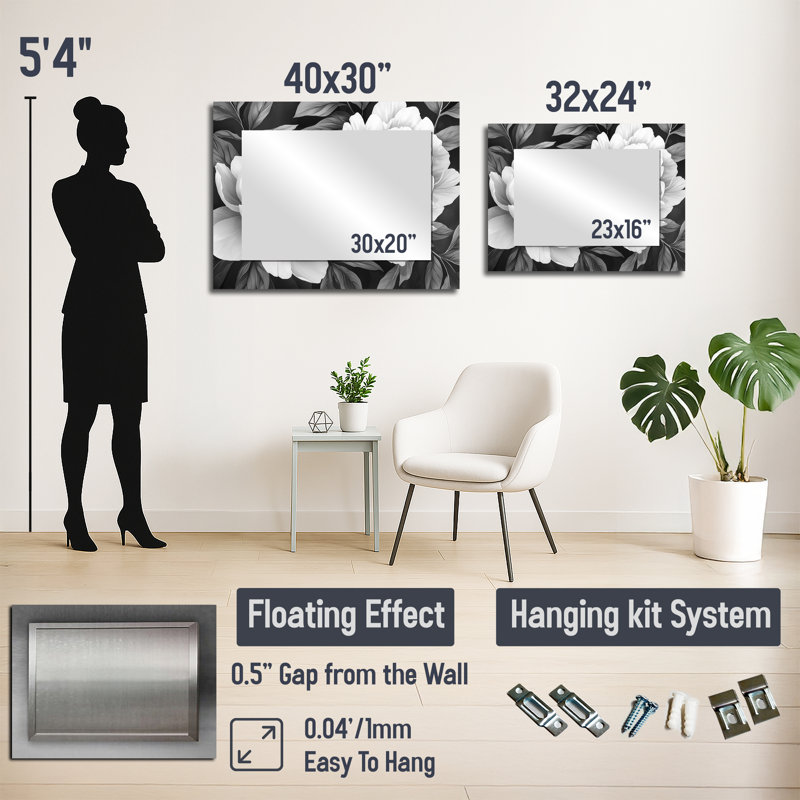 Pivoines en gris classique I - miroir floral pour décoration murale - imprimé sur métal, 24 po x 32 po