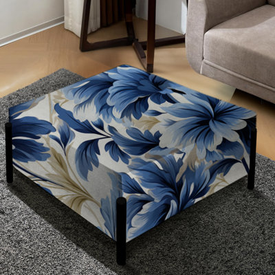 Blue And White Damask Flower - Floral Large Square Ottoman