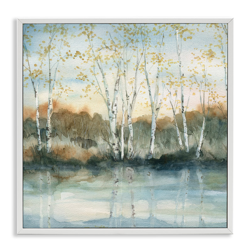 Bouleau, reflets, lac pittoresque, clairière, paysage, H 12 po x l 12 po, Giclée encadrée blanc bord de mer