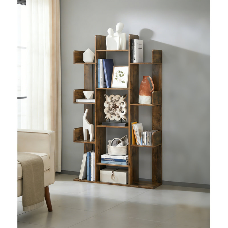 Rustic Brown Tree-Shaped Bookshelf With 13 Storage Shelves, Rounded Corners Bookcase, Brown