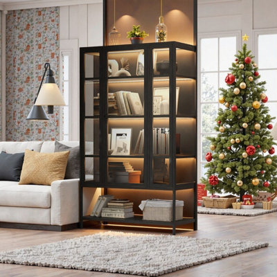 Rosala Iron And Tempered Glass Bookcase Display Cabinet With LED Lighting, Adjustable Shelves