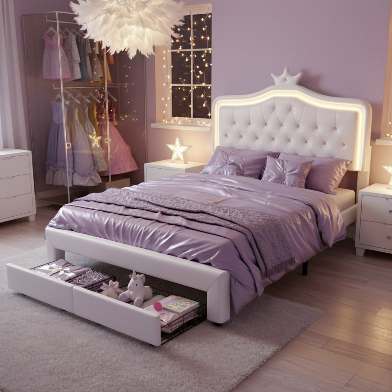 Princess Bed With LED Crown Headboard & Drawer(S), Faux Leather Storage Frame, White & Pink, White
