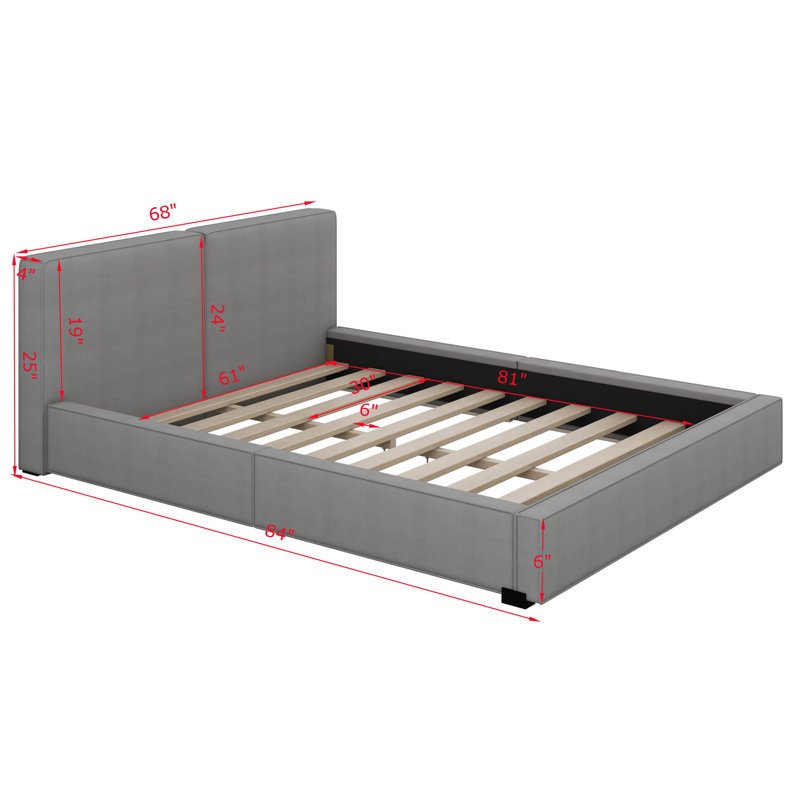Grand lit tapissier avec base solide, gris