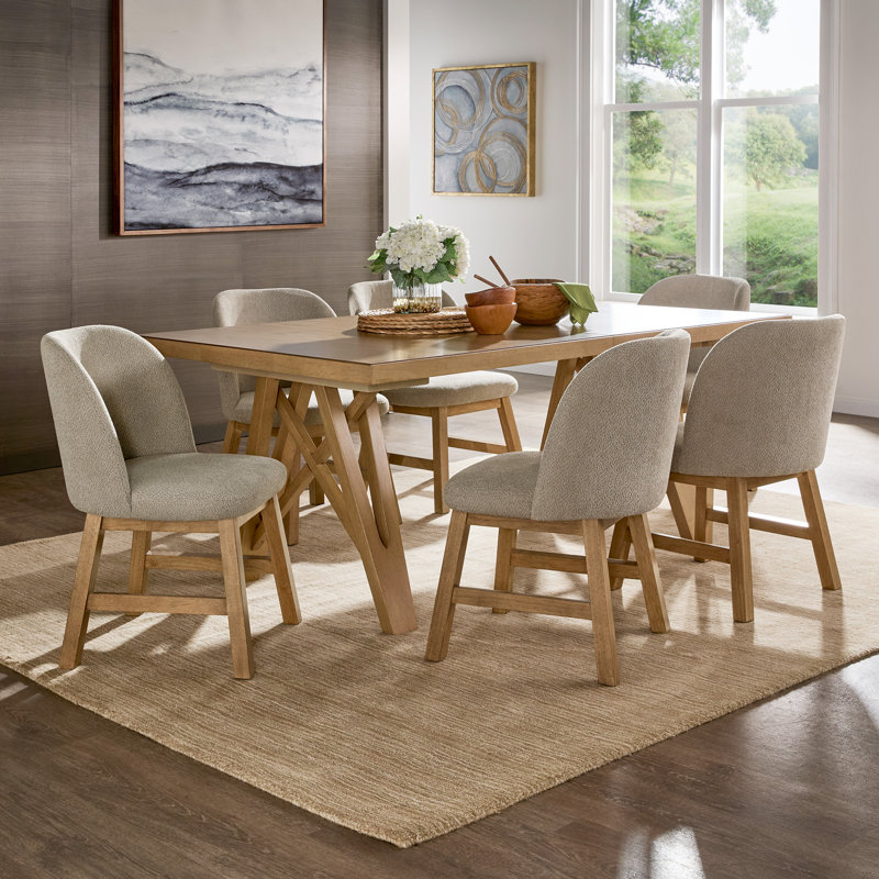 Cipolla 72"-90" Wood Finish Extendable Dining Set - Dining Table With Leaf And Taupe Fabric Curved Back Chairs, Oak Wood