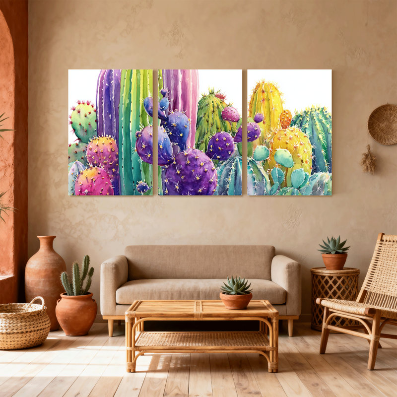 Plantes et fleurs, motif de cactus colorés, ensemble de 3 impressions sur toile, H 18 po x l 36 po
