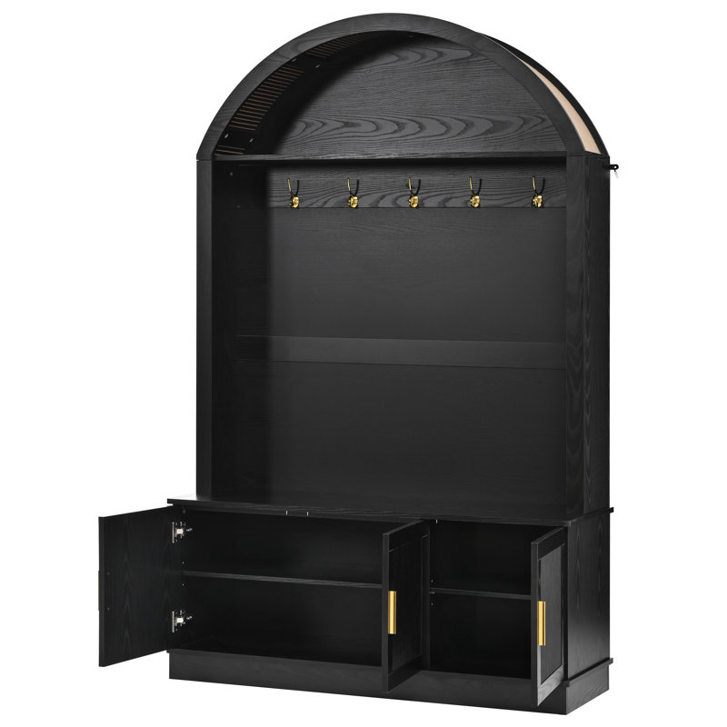 46.4" Arched Hall Tree with Bench, Farmhouse Entryway Mudroom Storage with Fluted Doors, 5 Metal Coat Hooks and Adjustable Shelves, Drop-Zone Organizer