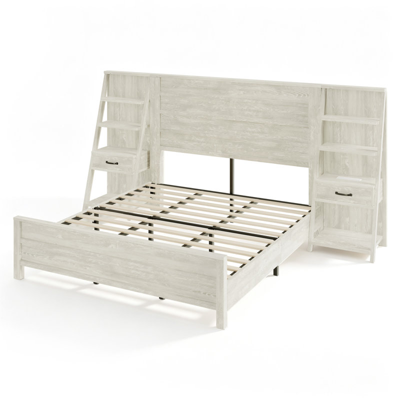Lit plateforme King style ferme Coey avec tête de lit, étagères, station de recharge et tiroirs, blanc rustique