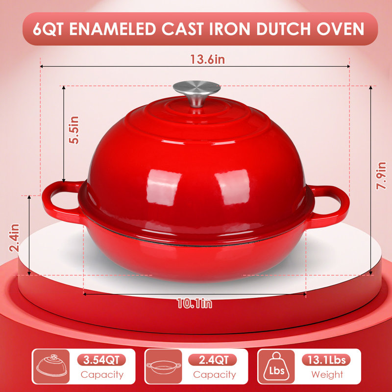 Pirecart 6Qt Enameled Cast Iron Dutch Oven For  Bread Baking, Non-Stick Dome-Shaped Bread Oven Pot With Lid, Silicone Handles And Scraper, Red