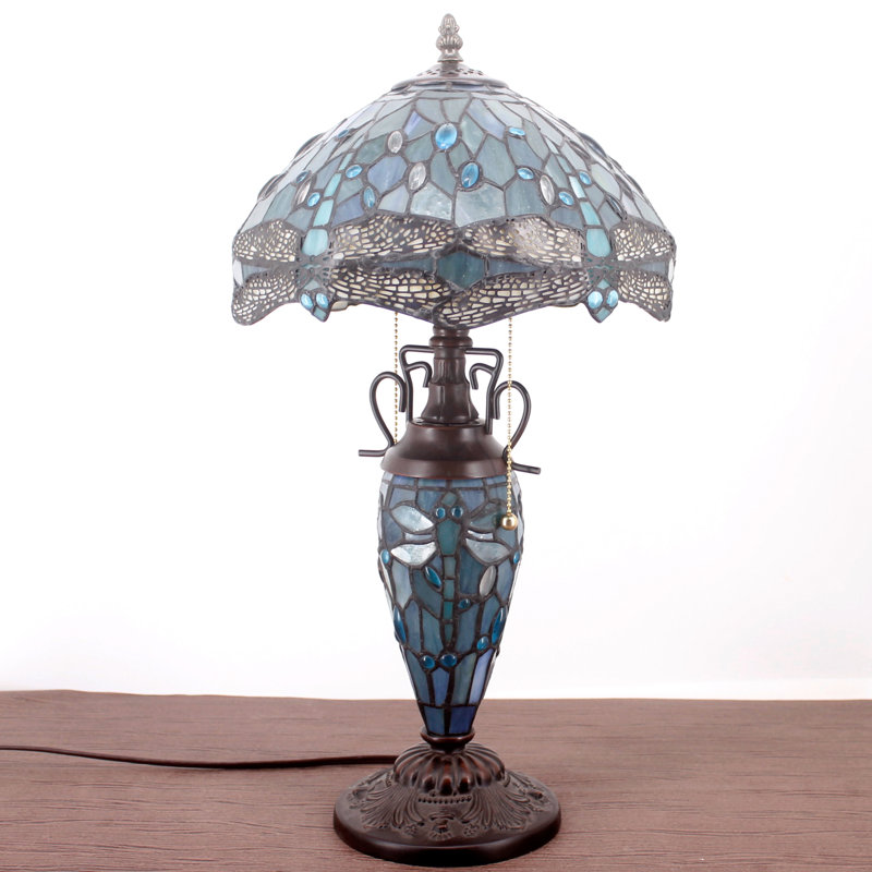Ailee Tiffany Table Lamp Sea Blue Stained Glass Dragonfly Style 12X12X22 Inches Mother-Daughter