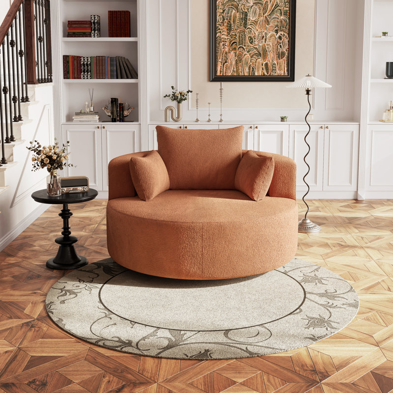 Très grand fauteuil d'appoint rond en chenille avec siège large, base pivotante à 360 ° et coussins décoratifs inclus