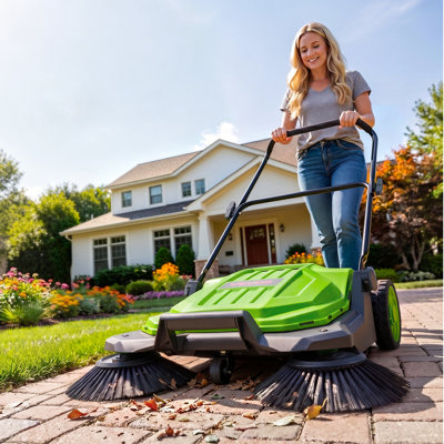 Balayeuse à plancher à pousser à la main, balai manuel non électrique avec une largeur de balayage de 25,6 po, une poubelle de 5 gallons et une poignée pliante ajustable pour les garages et les garages - Vert