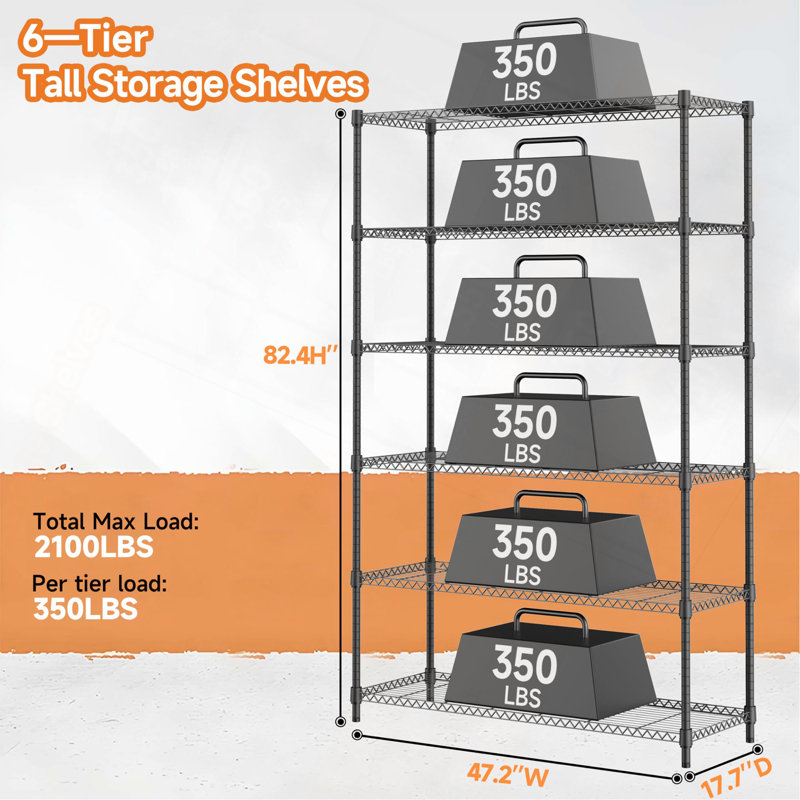 6 tablettes de rangement à 6 niveaux pour 2100 lb, étagères en métal Étagères en métal pour le rangement Étagères de garage réglables pour garde-manger