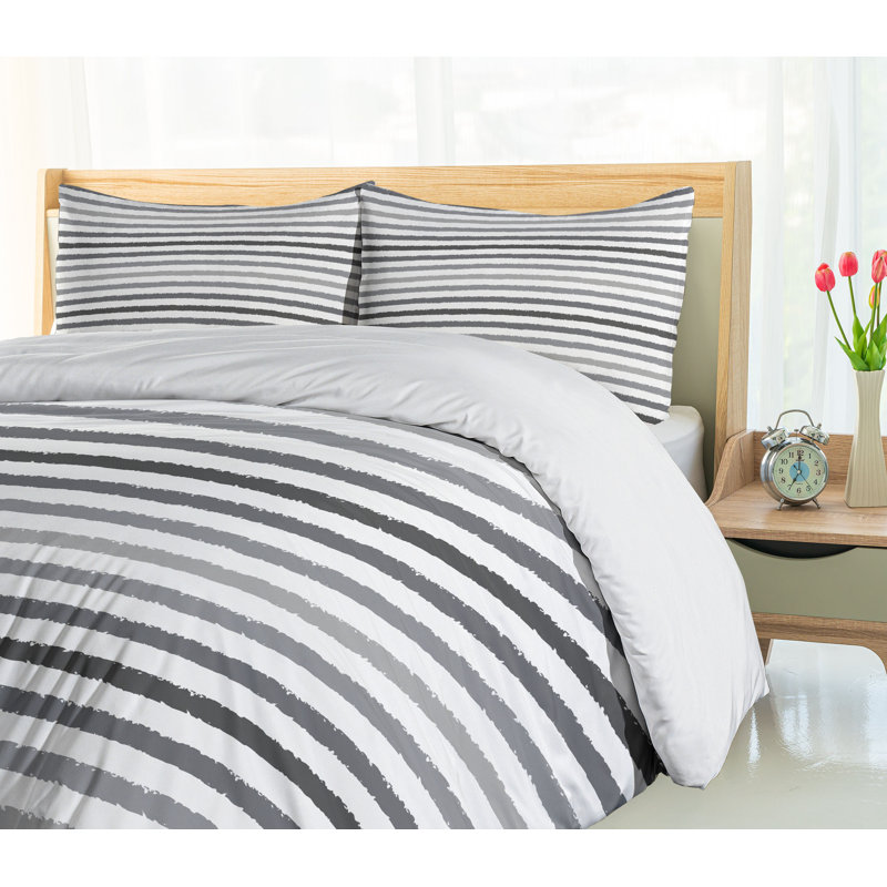 Gray and White Striped Queen Duvet Cover Set