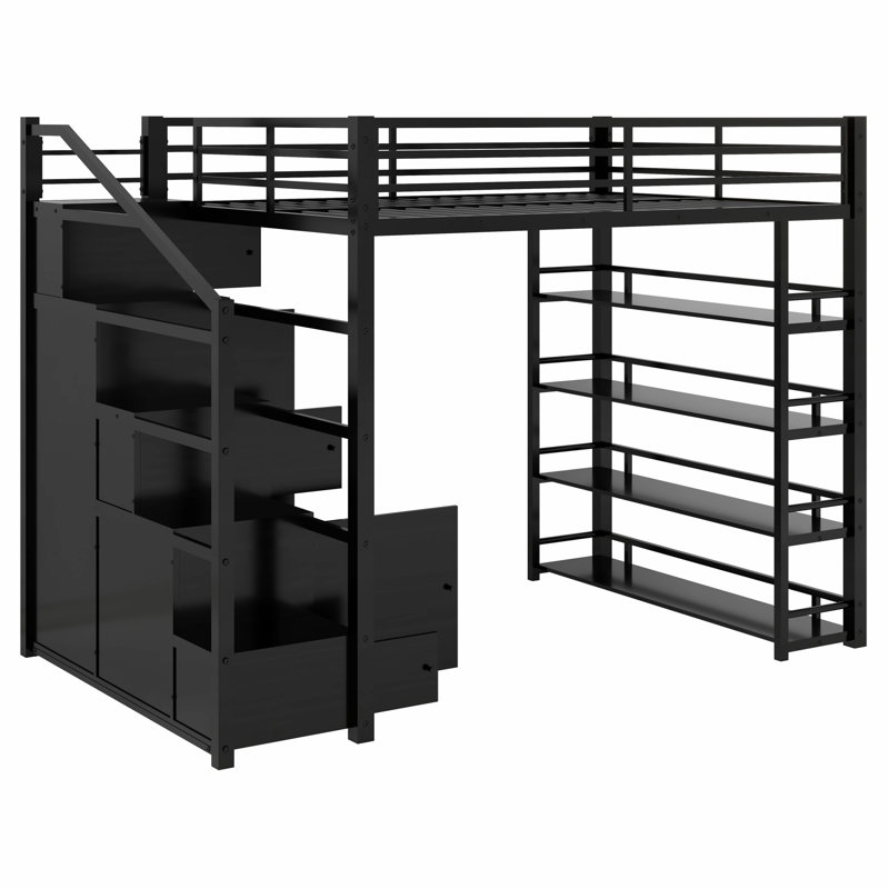 Lit mezzanine en métal avec tablettes de rangement, armoires et garde-robe