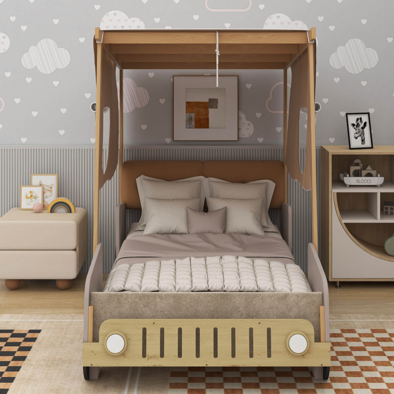 Wood Car Bed with Pillow, Ceiling Cloth, Twin