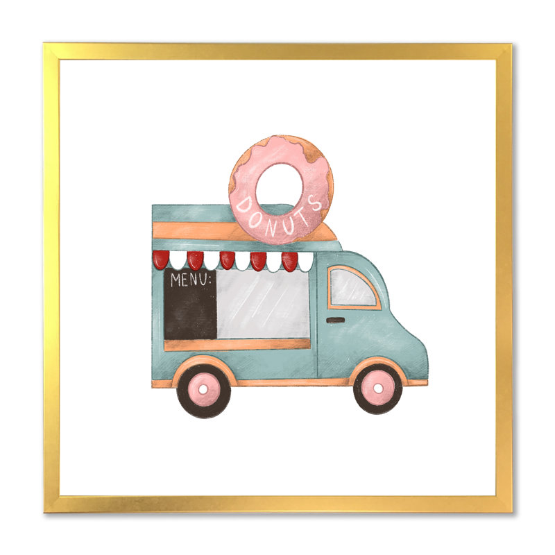Art rétro sur toile, Donut Van Kiosk, Encadrement doré, H 30 po x l 30 po x P 1 po