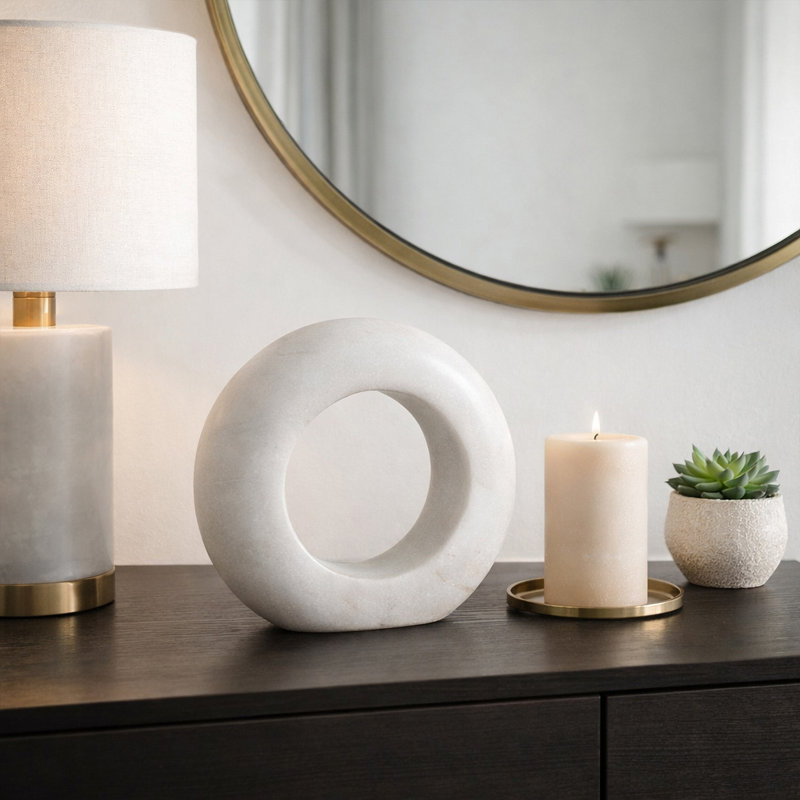 Usko White Marble Ring Tabletop Decor, Interior Decoration Accessories, Crafted Decorative Objects, 10" H x 10" W x 3" D