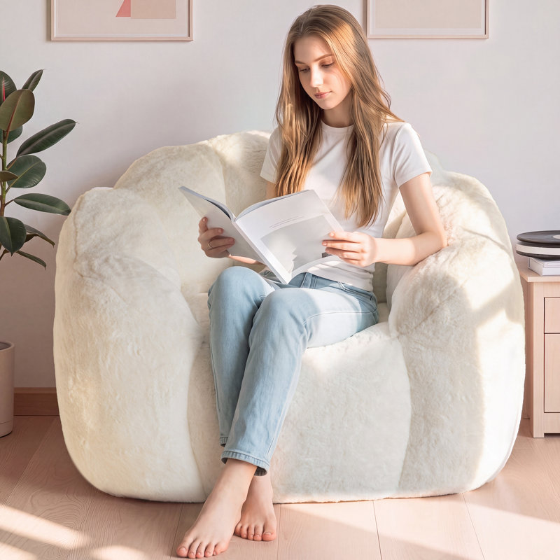 Floral Shaped Bean Bag Chair, Beige Faux Fur , Single