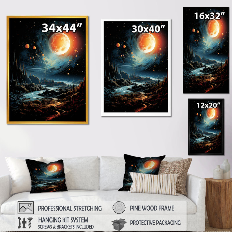 Orange et vert, planète I, espace, art mural, Cadre doré simple, H 44 po x l 34 po x P 1,5 po