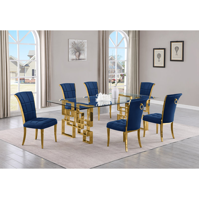 Solie Large Rectangular 95'' L x 46.00'' W Glass Dining Set with Velvet Chairs, 7, Cream/Gold, Gold