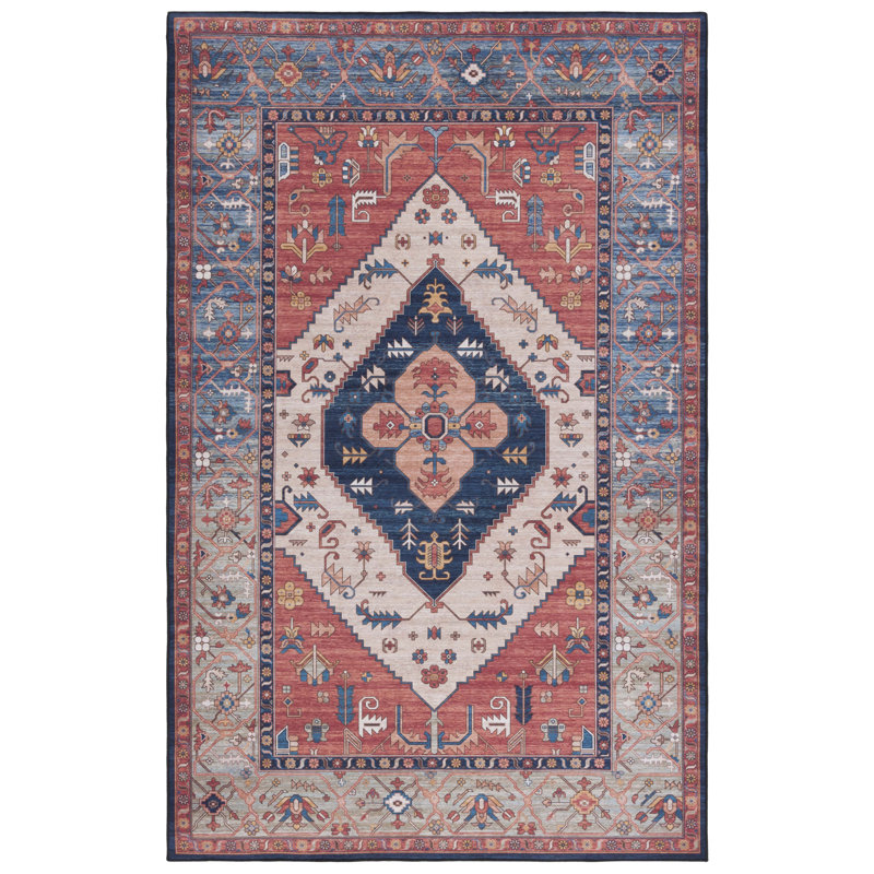 Tucson Heirloom Machine Washable Non-Slip Area Rug In Rust & Blue, Rectangle 183 x 244cm