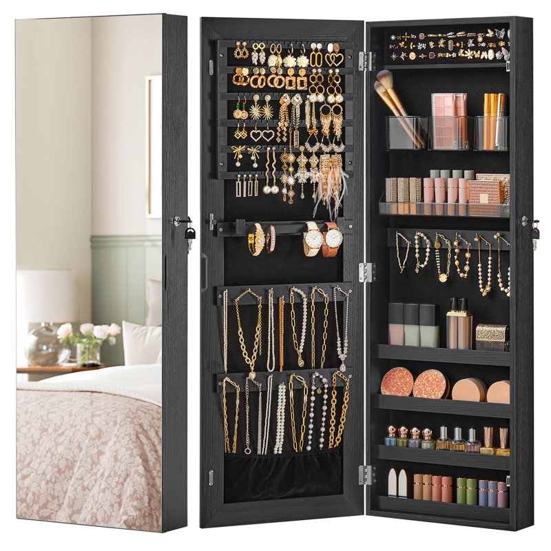 Black Wall-Mounted Jewelry Armoire with LED Mirror