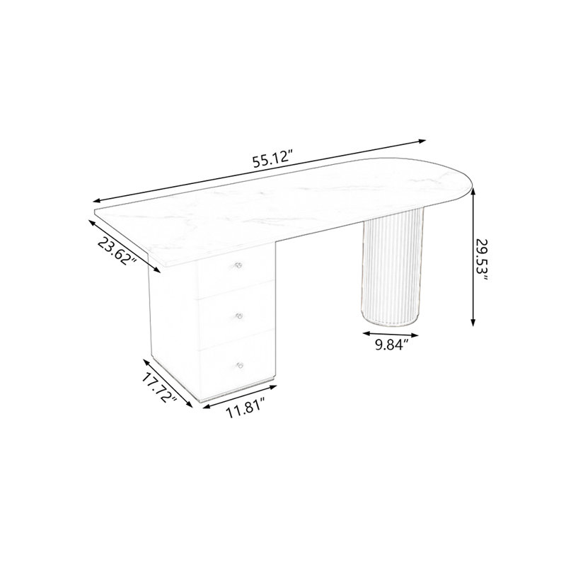 Bureau en bois manufacturé courbé orange avec 3 tiroirs, H 29,53 po x l 55,12 po x P 23,62 po, Blanc