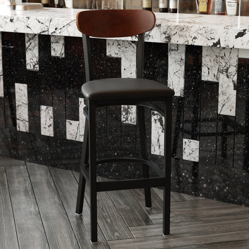 Commercial Metal Barstool with Wood Seat and Boomerang Back, Black, Walnut