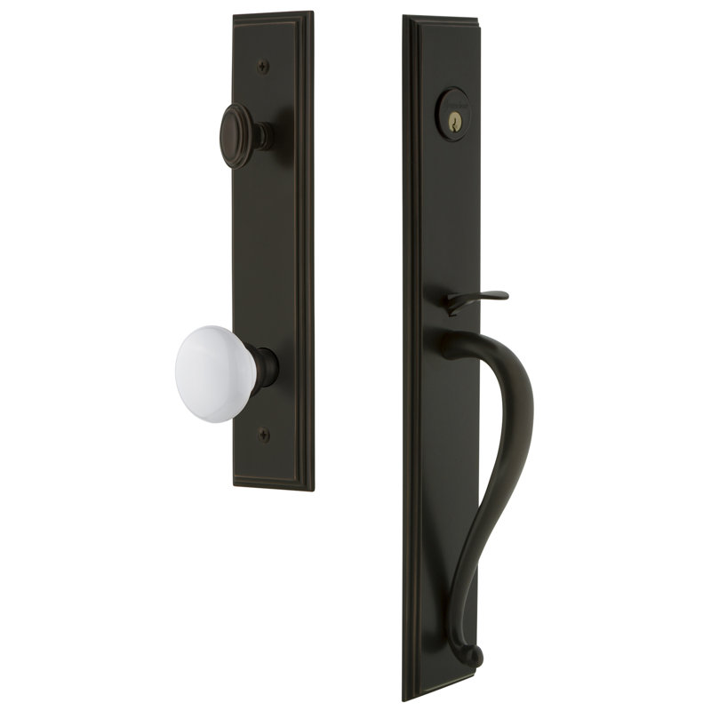 Carré Handleset with Single Cylinder Deadbolt and Hyde Park Door Knob and Rosette, Timeless Bronze, 2.75"