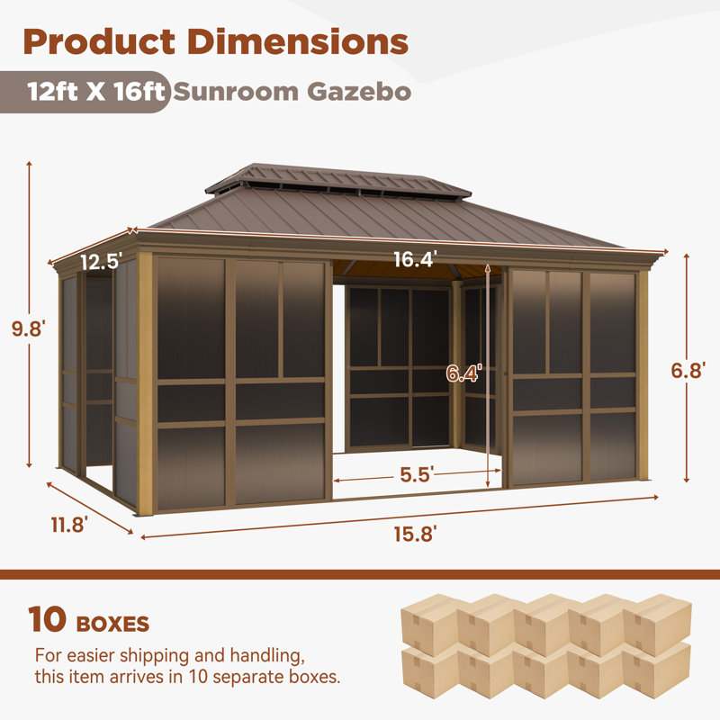 16 Ft. W X 12 Ft. D Outdoor Hardtop Sunroom Gazebo – Fully Enclosed Aluminum Solarium with Wood Grain Finish, Sliding Doors & Slideable PE Screen Windows, and Galvanized Steel Double Roof for Patio, Deck & Hot Tub