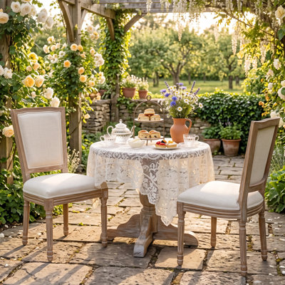 French Country Style 37.7-inch-High Dining Chairs, Set of 2; Square-Backed Chairs with Linen Upholstery, Solid Wood Dining Chairs