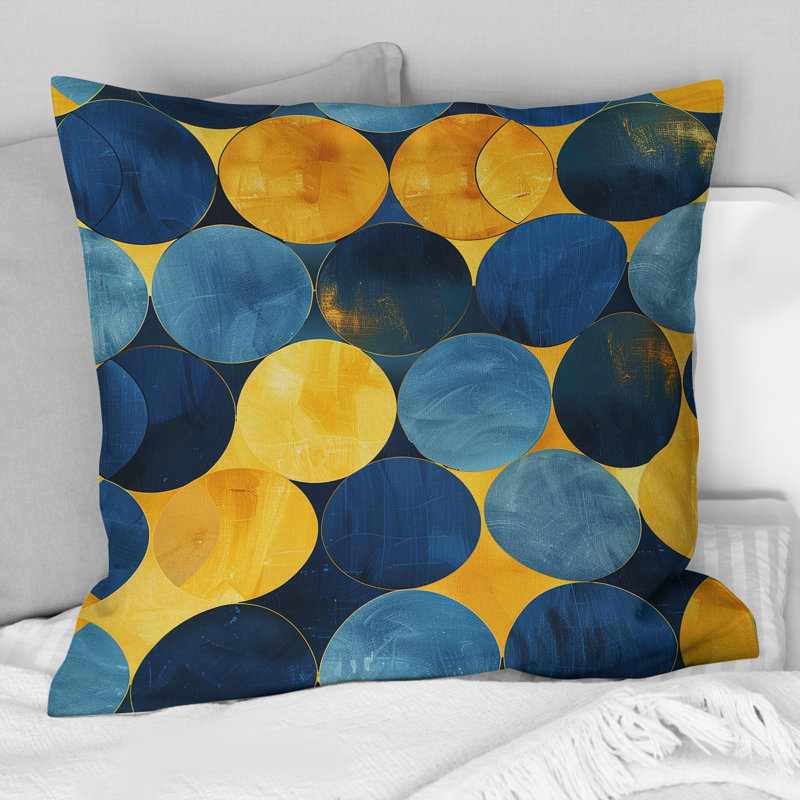 Bleu, jaune, moderne, cercles I - coussin décoratif moderne, H 18 po x l 18 po