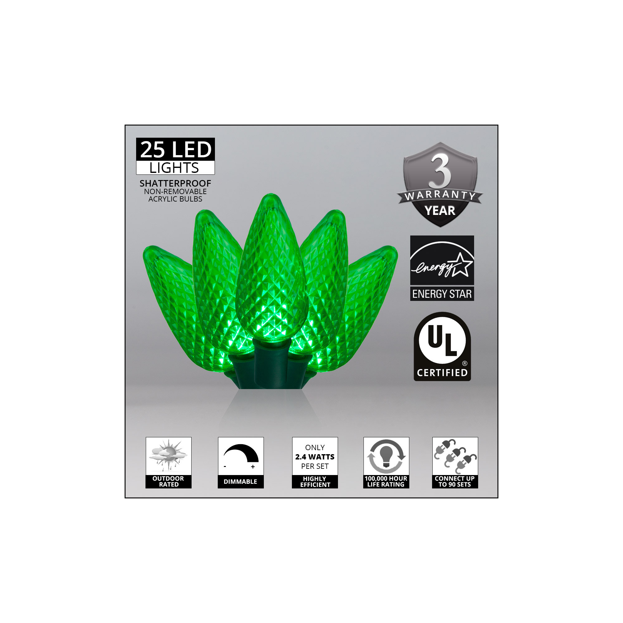C9 LED Christmas String Light, Green, 17' L, 25