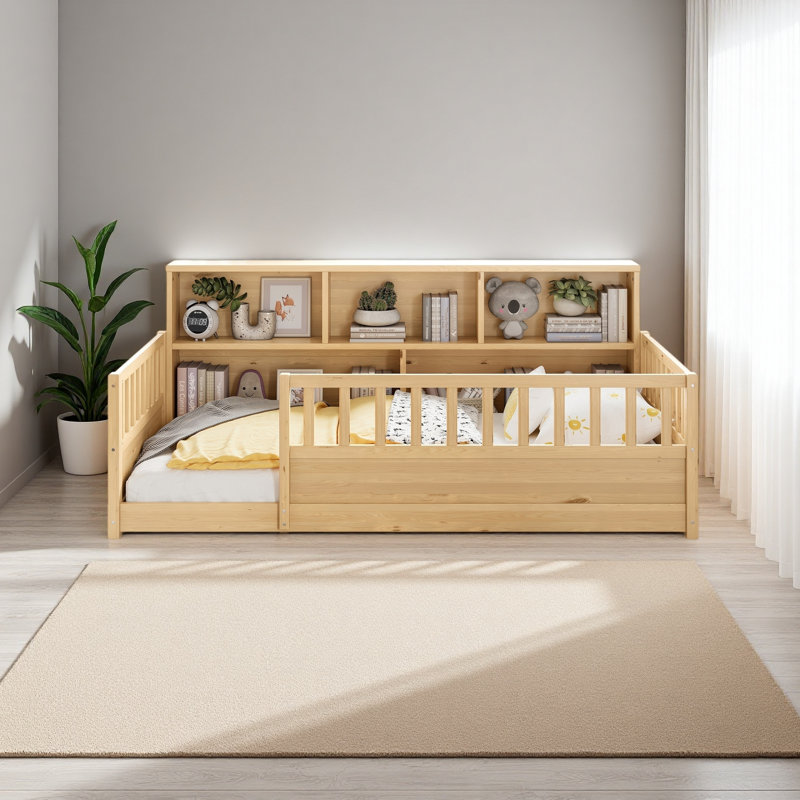 Lit en bois avec garde-corps de clôture et fonction de rangement latéral, Naturel, Lit simple
