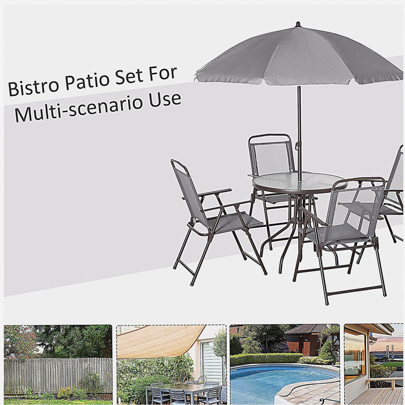 Ensemble de salle à manger de patio pour 4 personnes avec parasol, table d'extérieur et 4 chaises pliantes et table ronde en verre Outsunny pour le jardin, la cour et la piscine, gris