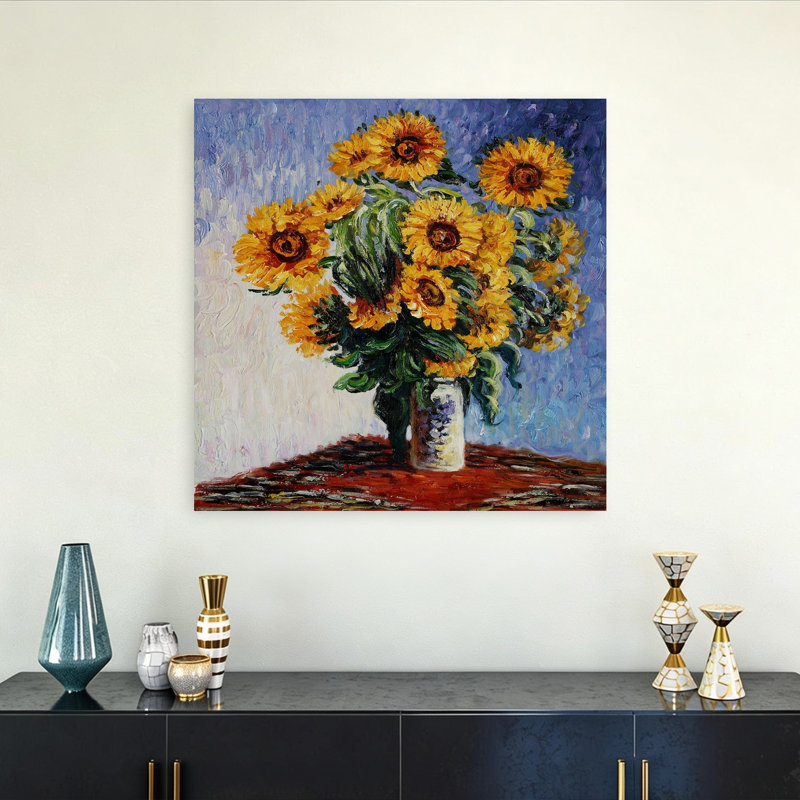 Sunflowers Bold Classic Colorful Sunflower Violet Summer Flower Wall Art Print by Claude Monet - Wrapped Canvas Print