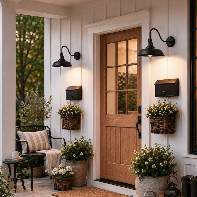 10-Inch Outdoor Barn Gooseneck Light, Black Metal Farmhouse Hardwired Wall-Mount Fixture, Weather-Resistant Design, 2 Lights