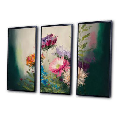 «Painted Blossoming Wildflowers II», reproduction d'art encadrée flottante sur toile 3 pièces